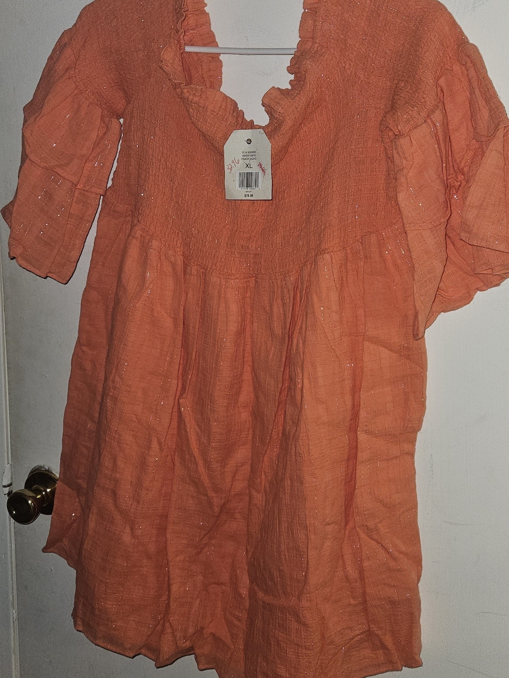Womens Orange Ruffled Cotton Dress